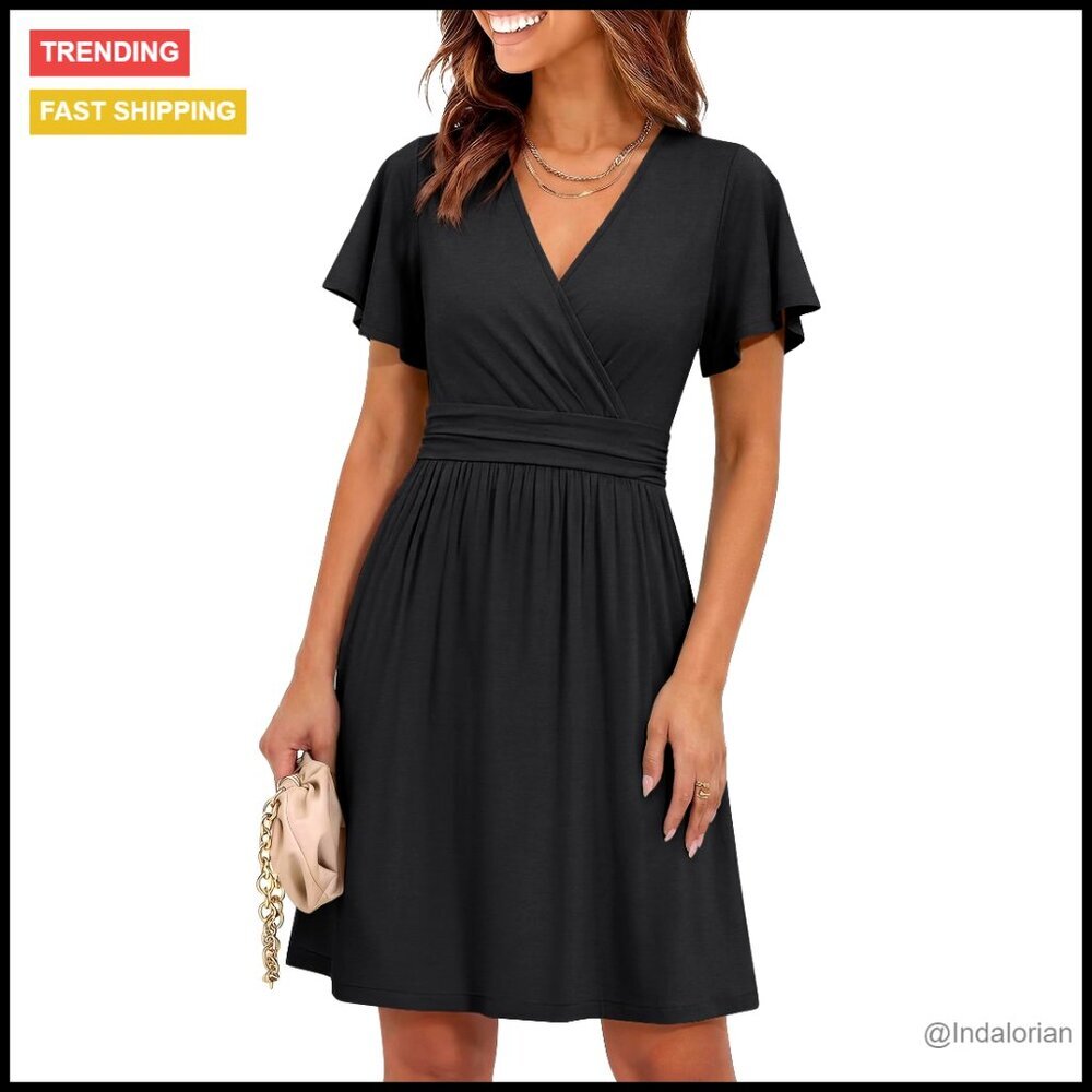 Floral Wrap V Neck Short Sleeve Summer Dress Casual Elegant Beach Wedding Guest